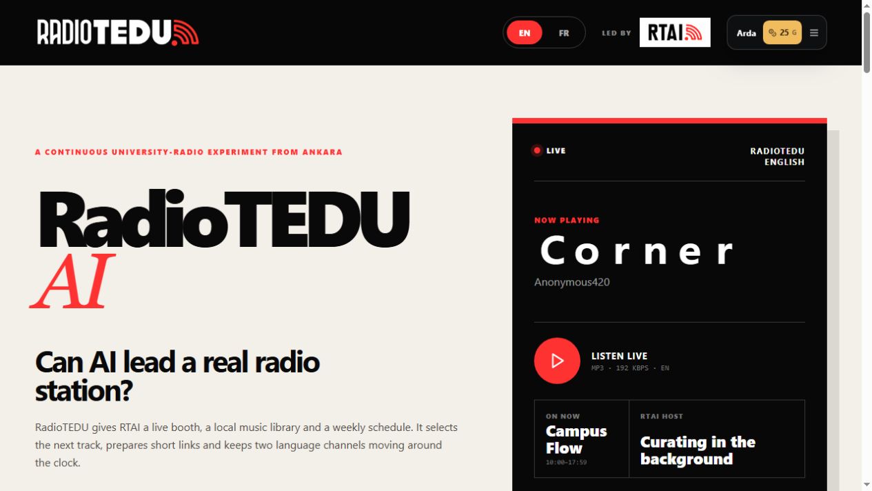 Live RadioTEDU AI broadcast page with now-playing and AI host information