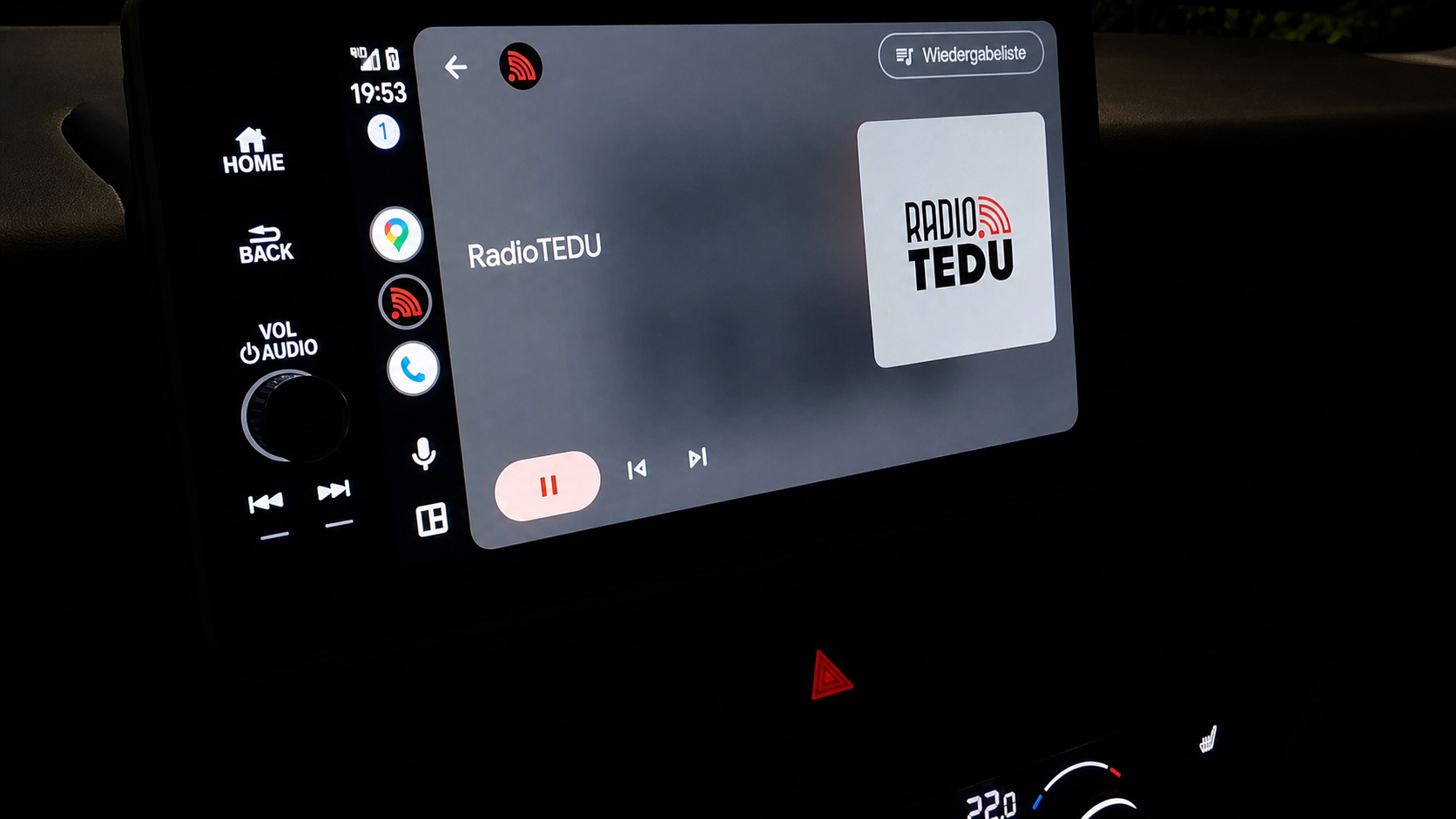 RadioTEDU playing on an Android Auto car display