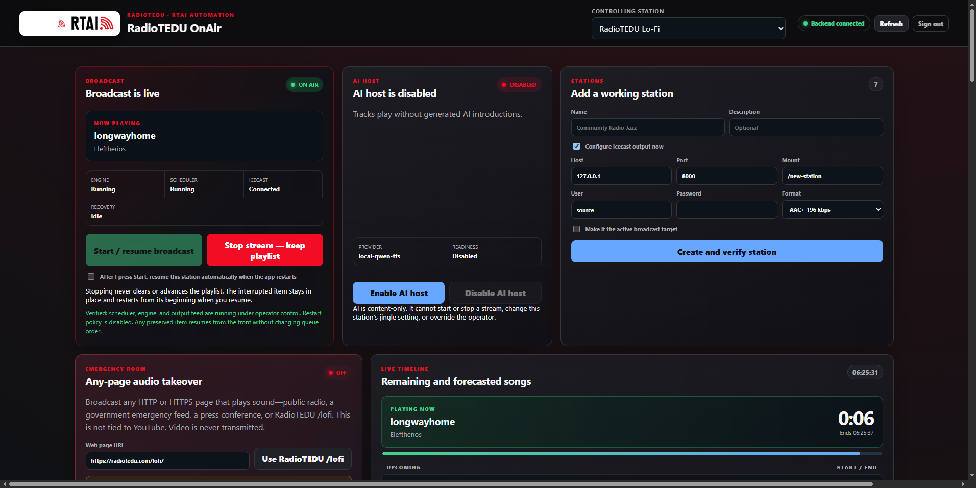 RadioTEDU OnAir live broadcast, automation, station and playout management console