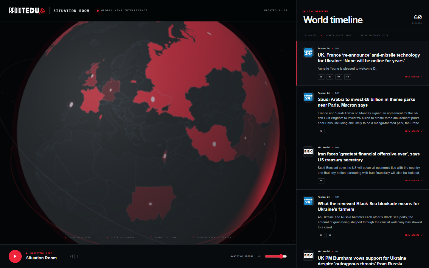 RadioTEDU Situation Room 3D news-density globe and source-linked timeline