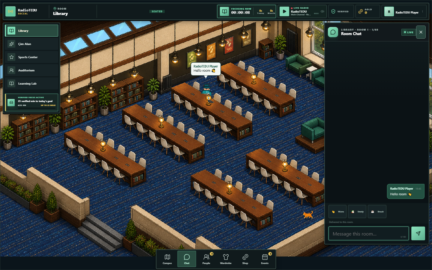 An avatar studying and using moderated room chat in the RadioTEDU Social virtual campus