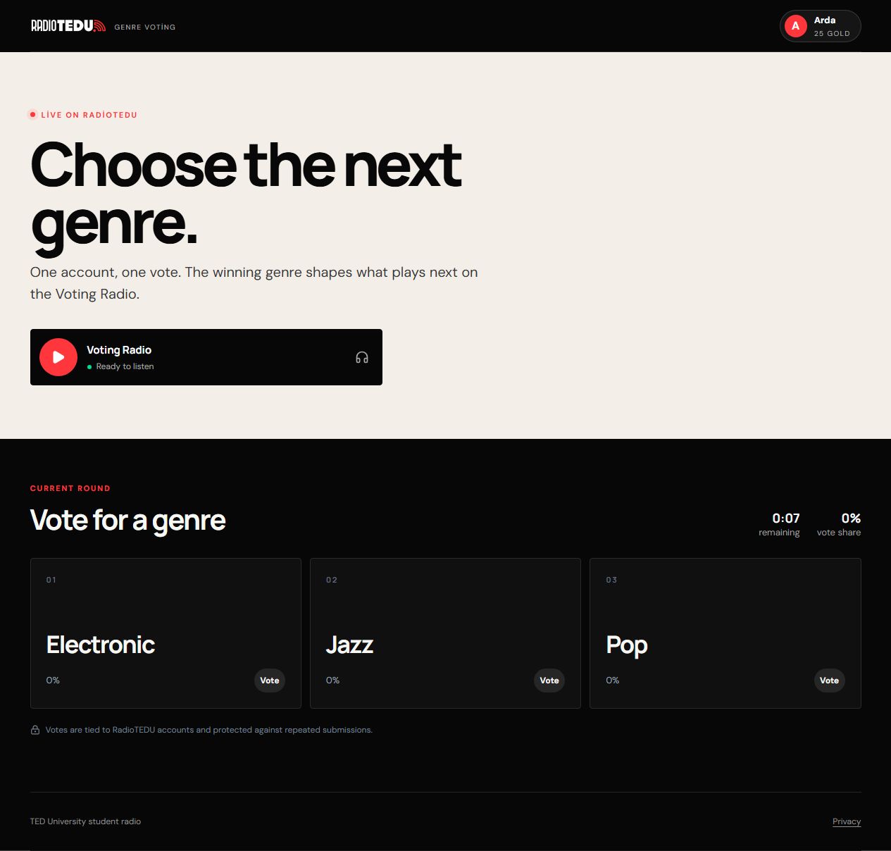Live RadioTEDU genre voting page with Electronic, Jazz and Pop candidates